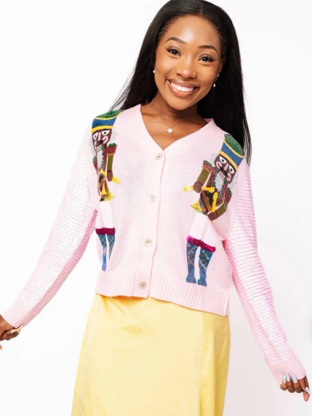 QUEEN OF SPARKLES Pink Sequin Nutcracker cardigan medium shade new pink